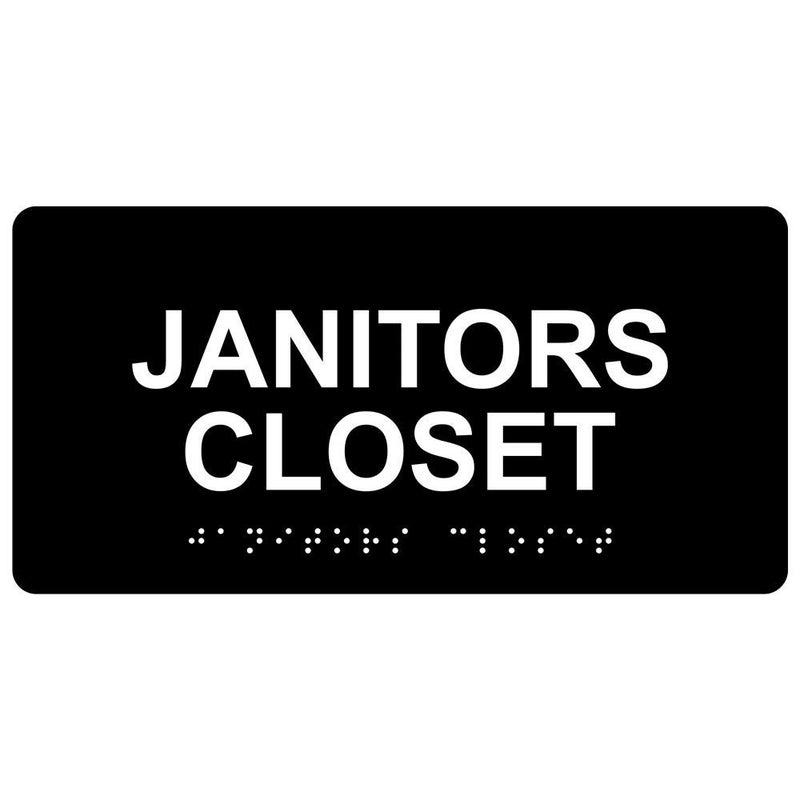 ComplianceSigns.com Janitors Closet Sign, ADA-Compliant Braille and Raised Letters, 8x4 in. White on Black Acrylic with Adhesive Mounting Strips - Image 1
